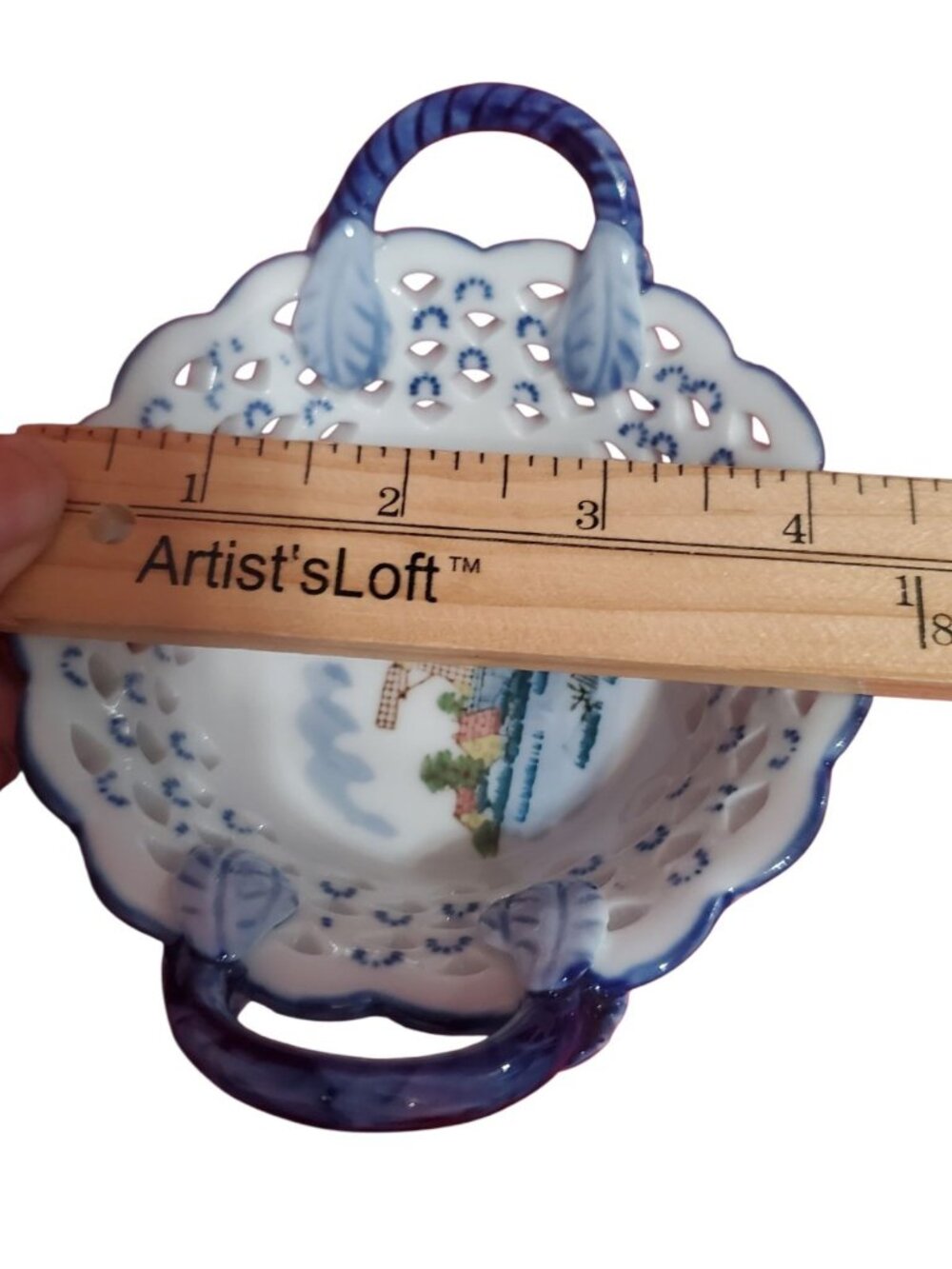 D.N&E.L Hand-Vtg Porcelain Basket W/Windmill Scene & Dual Handles Blue & White - Picture 7 of 12